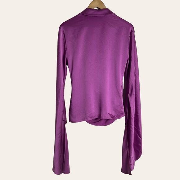 Simkhai Purple Paradisa Satin Long Sleeve Collared Wrap Top Size 4 - Picture 13 of 15